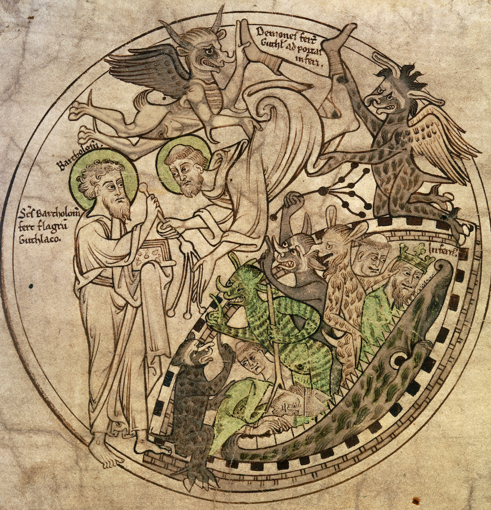 Saint Guthlac being tormented by demons, the Life of Saint Guthlac, Crowland, Lincolnshire, 1175-1215.