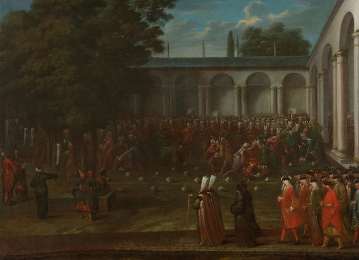 Janissaries recieving their pay in the courtyard of the Topkapı Palace, Jean Baptiste Vanmour, c.1727-30. RIjksmuseum. Public Domain.