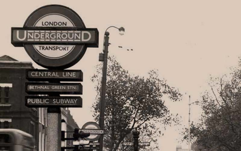 Stairwell entrance of Bethnal Green Underground station, by Colin Tait, 29 October 1953 © TfL from the London Transport Museum collection.