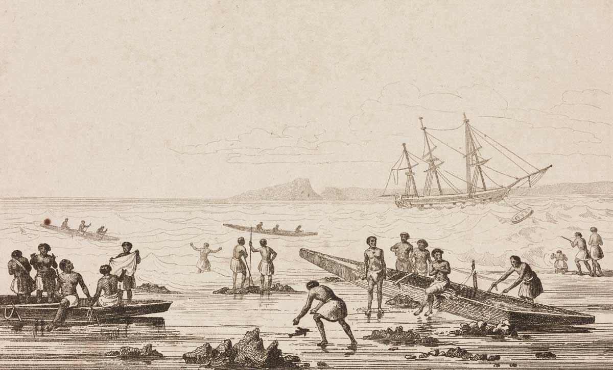 Tongan men with canoes, French 19th-century engraving.