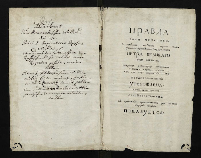 The frontispage of Pravda Voli Monarshei, 1726. Jagiellonian Library. Public Domain.