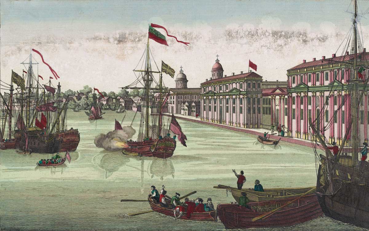 Philadelphia waterfront, 18th-century coloured engraving. Alamy.