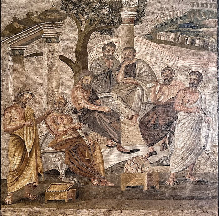 Plato’s Academy, mosaic from Pompeii (Villa of T. Siminius Stephanus), early first century BC. Museo Archaeologico Nazionale, Naples.