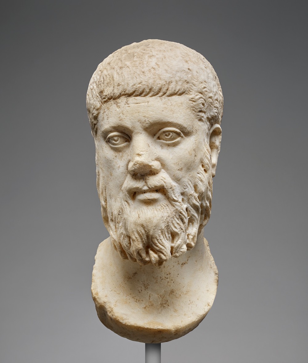 A white marble Roman head of Plato, 3rd century AD.