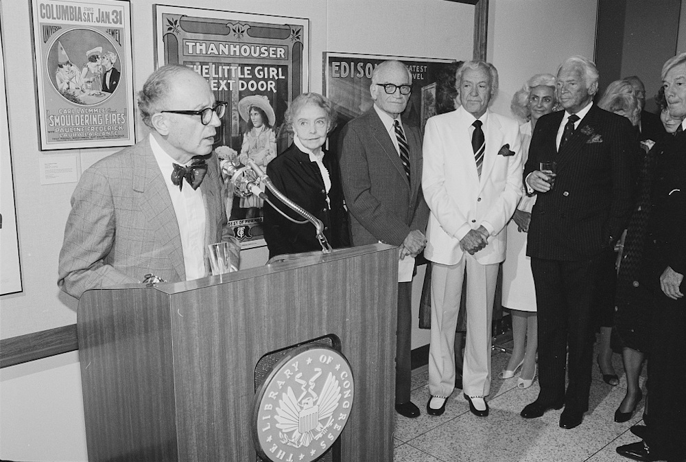 Daniel J. Boorstin, Librarian of Congress, speaking outside the Mary Pickford Theater, James Madison Building, Library of Congress during the opening ceremony, 1983