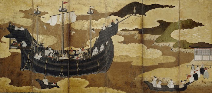 The arrival of a Portuguese ship in Japan, Namban screen, Japan c.1600. Rijksmuseum. Public Domain.