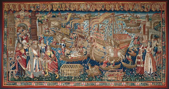 Flemish tapestry depicting the arrival of the Portuguese in Calicut, c.1510. Bridgeman Images.