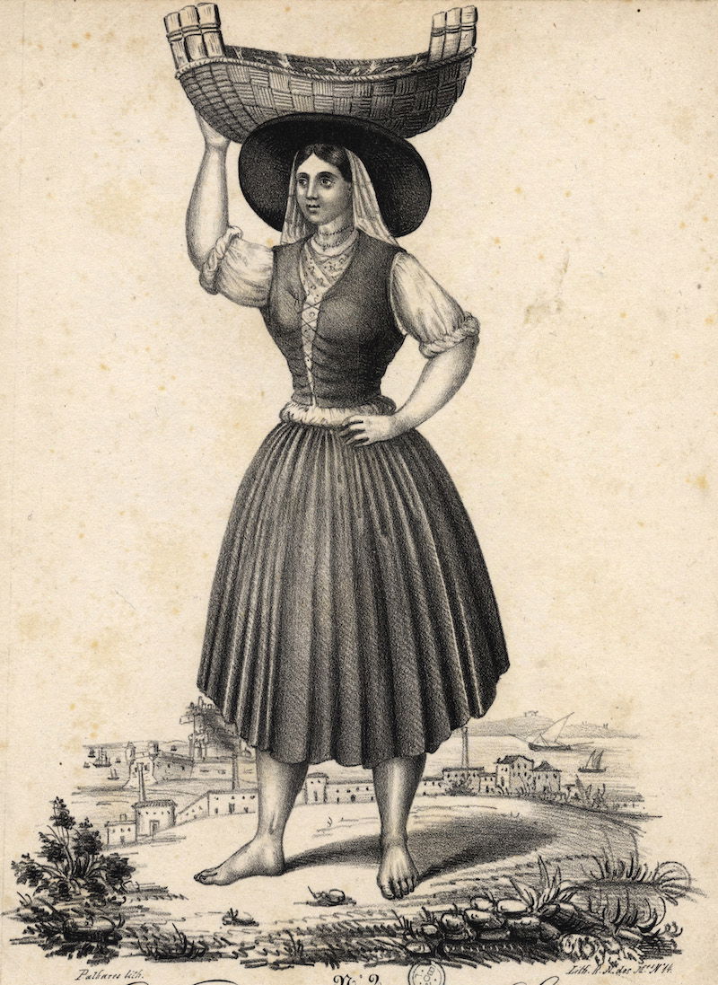 A woman selling fish in Lisbon, 1840. Biblioteca Nacional de Portugal. Public Domain.