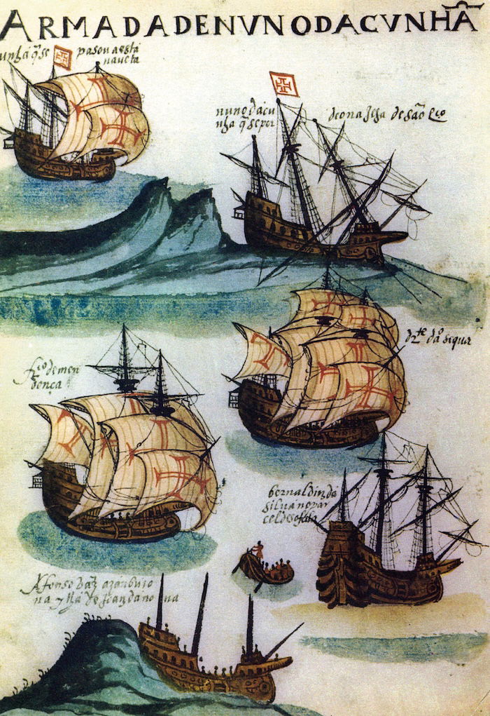 Portuguese caravels, from the Livro de Lisuarte de Abreu, 16th century. Bridgeman Images.