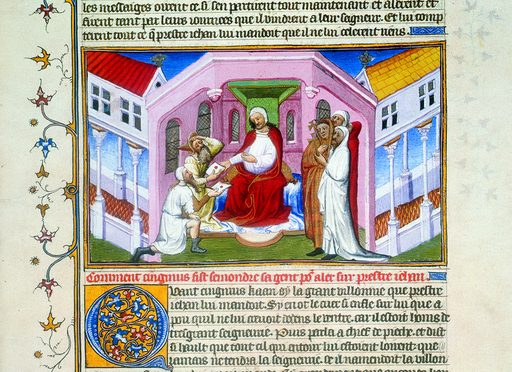 Chinggis Khan’s messenger asks Prester John for the hand of his daughter, from Le Livre des Merveilles du Monde, French, c.1460.