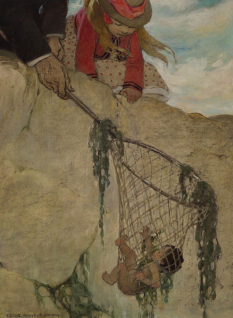Professor Ptthmllnsprts finds Tom in his net, Jessie Willcox Smith, 1916. Library of Congress. Public Domain.