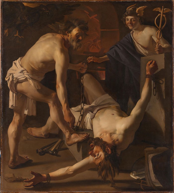 Prometheus being chained by Vulcan, Dirck van Baburen, 1623. Rijksmuseum. Public Domain.