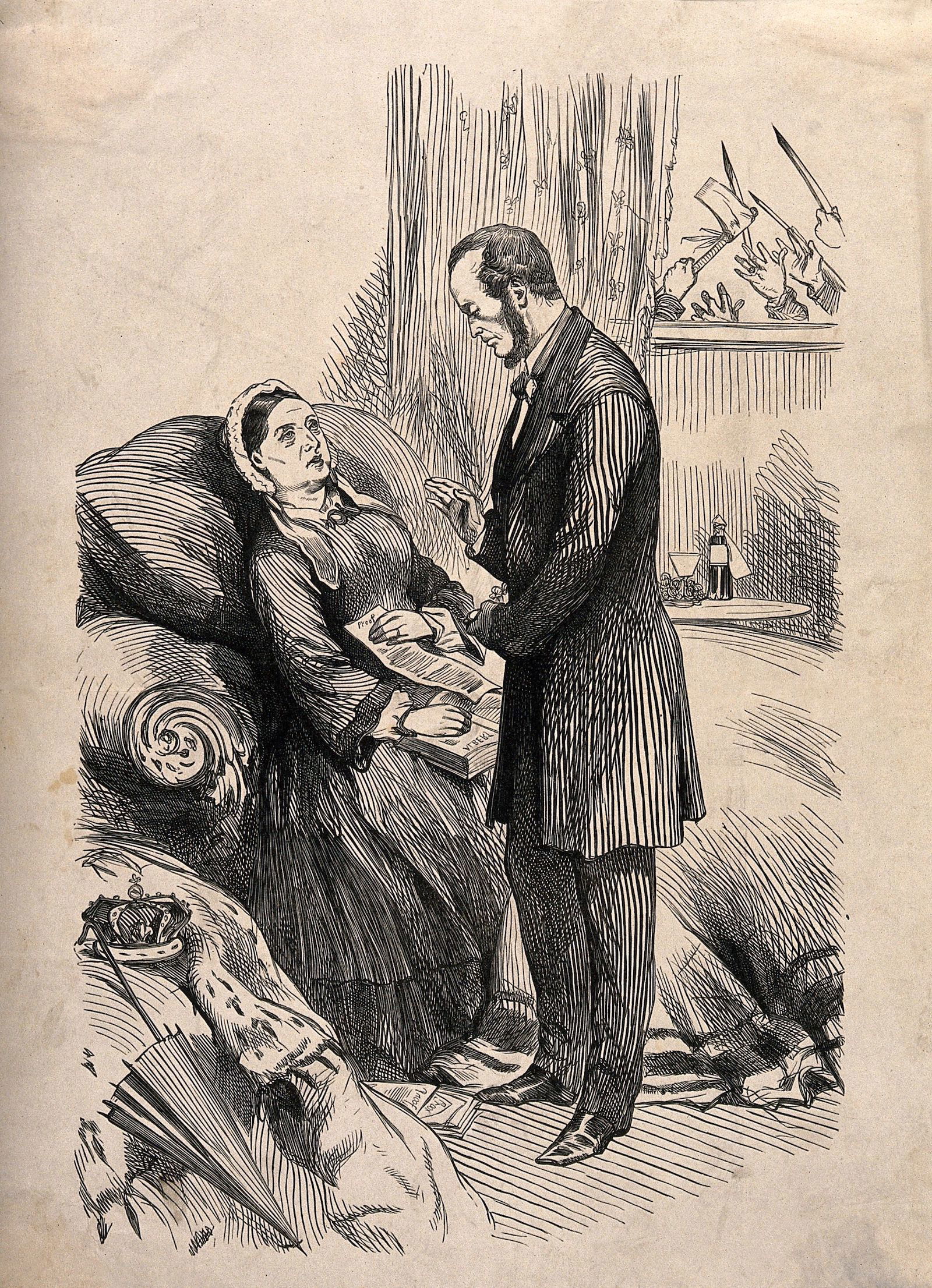 Queen Victoria in mourning for Prince Albert with critics outside the window, c. 1861. Wellcome Collection. Public Domain.