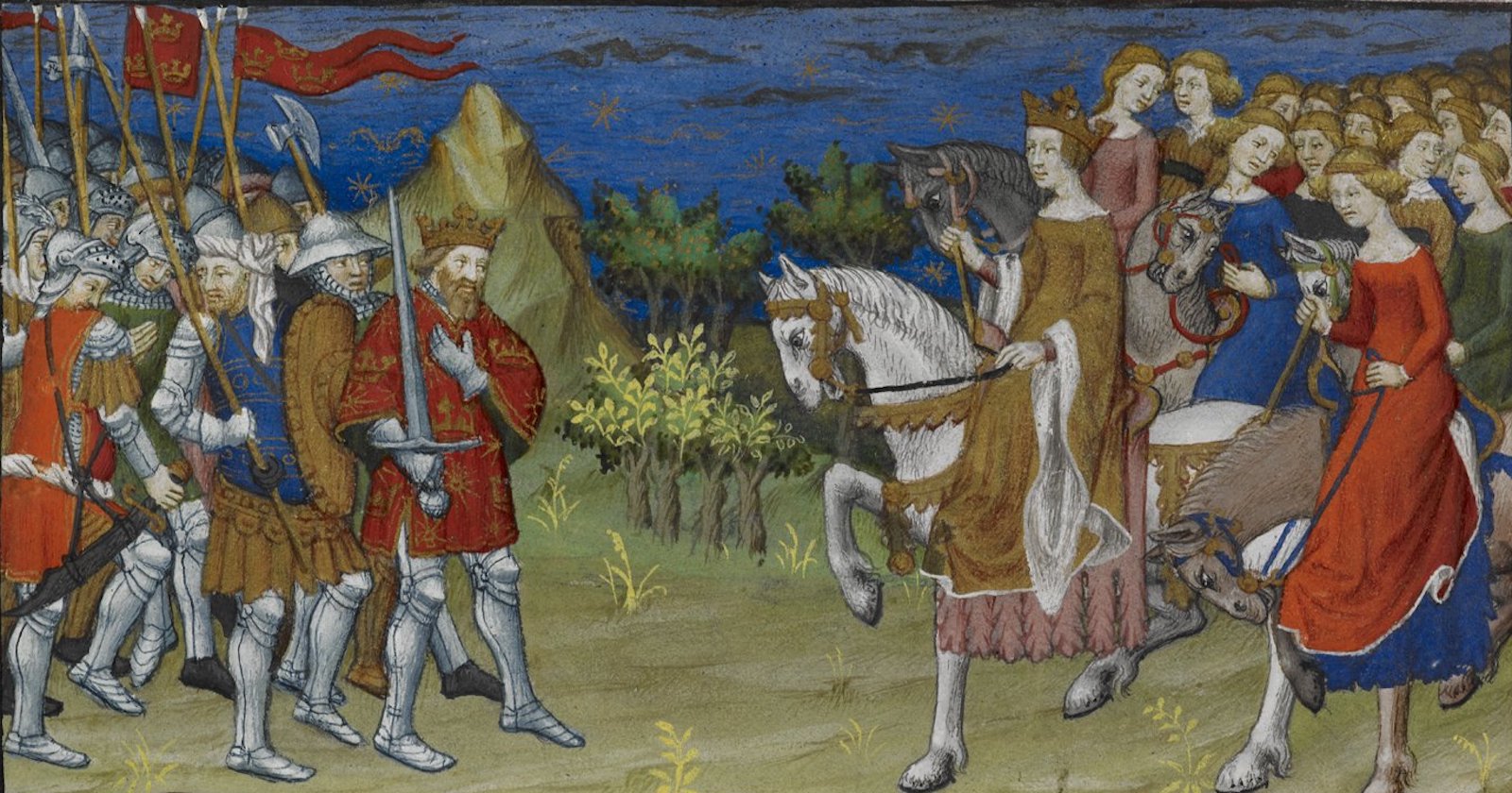 Detail of a miniature of the meeting between Alexander and the Amazons. Image taken from f. 47v of Historia de proelis in a French translation (Le Livre et le vraye hystoire du bon roy Alixandre), c. 1420. British Library. Public Domain.