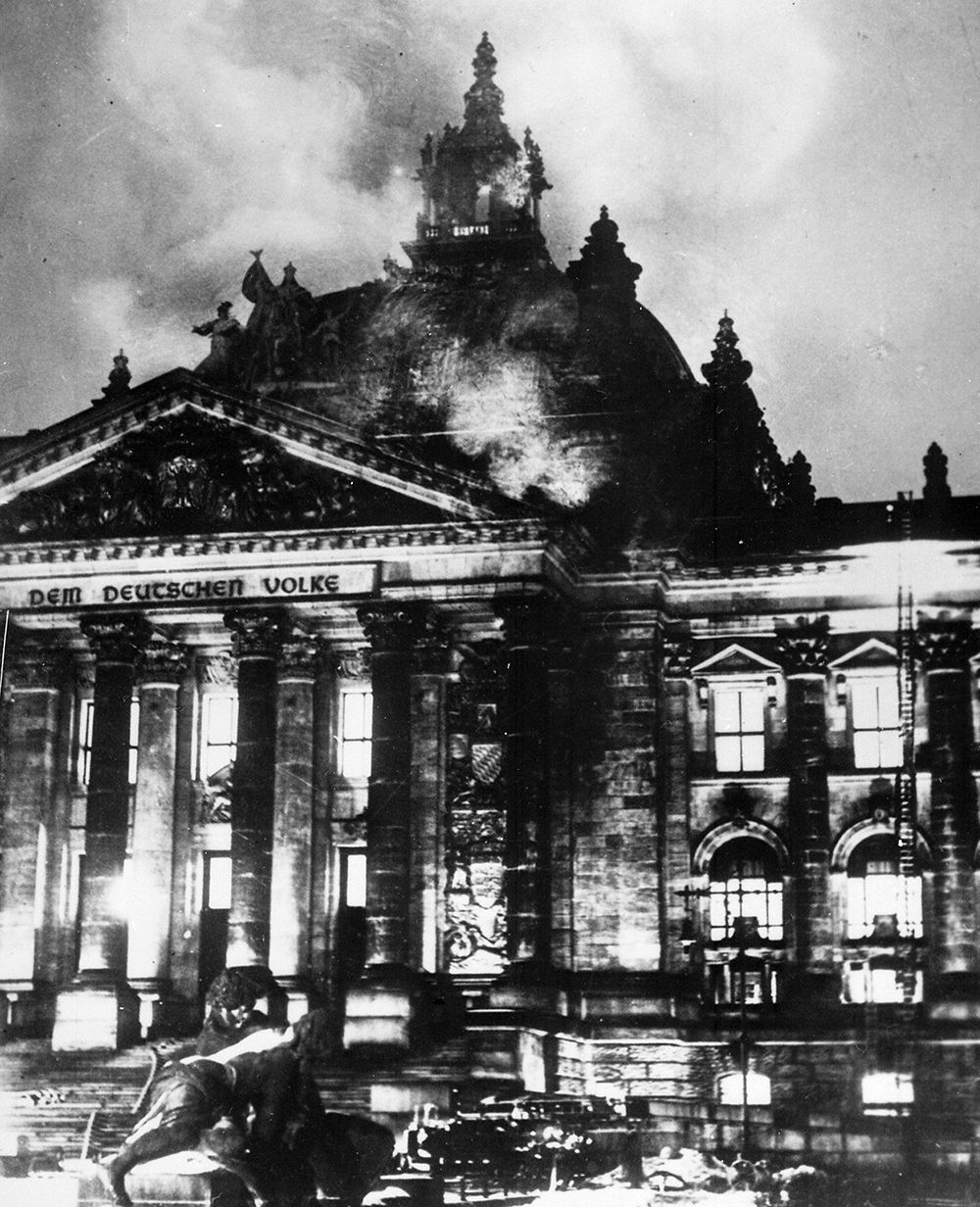 The Reichstag on fire, Berlin, February 1933.