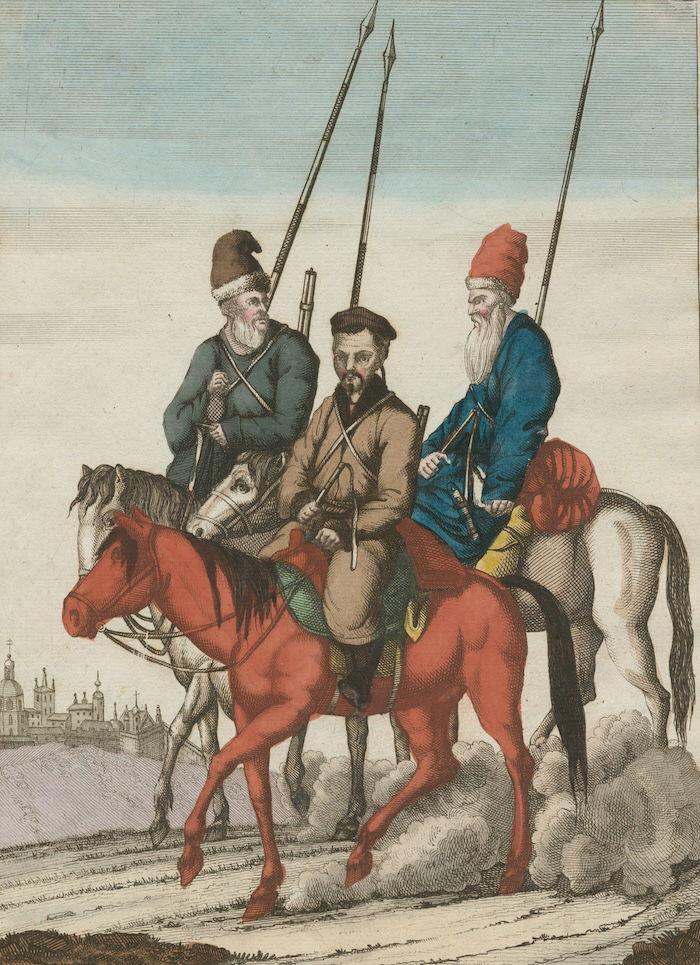 Three mounted Cossacks taken prisoner with their weapons and baggage, 1812. Prints, Drawings and Watercolors from the Anne S.K. Brown Military Collection. Brown Digital Repository. Brown University Library. Public Domain.