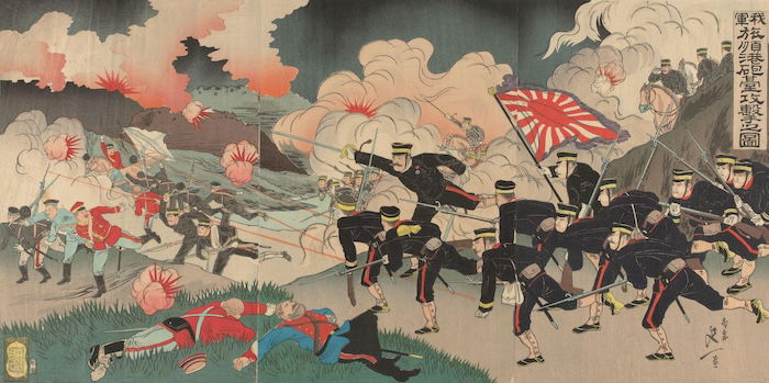 Japanese troops storm Port Arthur, Watanabe Nobukazu, 1904. Rijksmuseum. Public Domain.