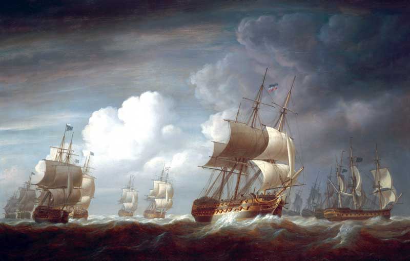 A Fleet of East Indiamen at Sea, by Nicholas Pocock, 1803. These large ships were armed and often sailed in convoy in eastern seas without warship escort.