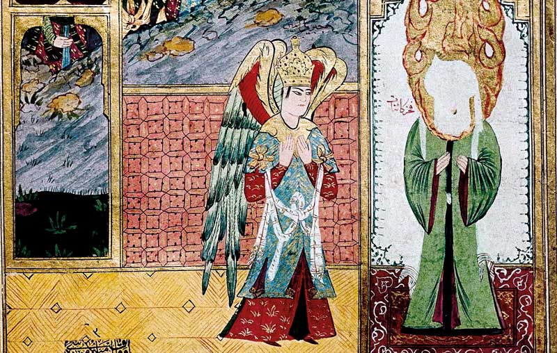 Muhammad is visited by the Archangel Gabriel at Al-Masjid an-Nabawi, the Prophet’s Mosque, Medina. Turkish, 18th century