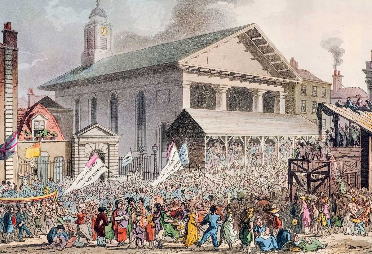 Covent Garden Market during the Westminster election, by Thomas Rowlandson and Augustus Charles Pugin, c.1810.