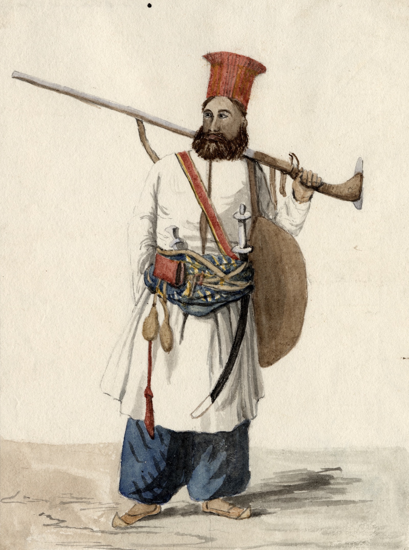 A Baluchi soldier of Sindh, watercolour by unknown artist, c. 1838.