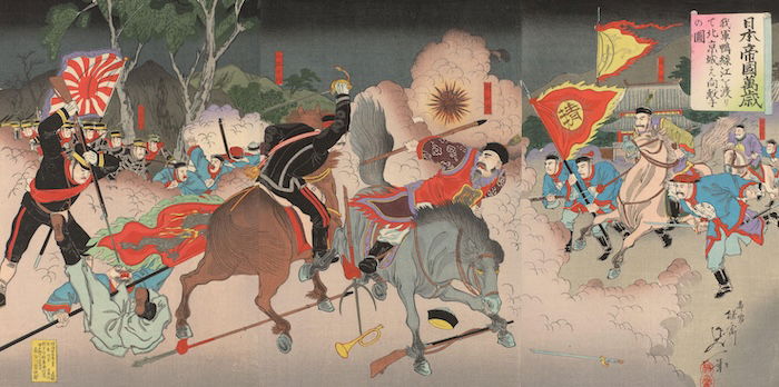 Japanese and Chinese forces clash on the Yalu River between Manchuria and Korea, October 1894. Rijksmuseum. Public Domain.
