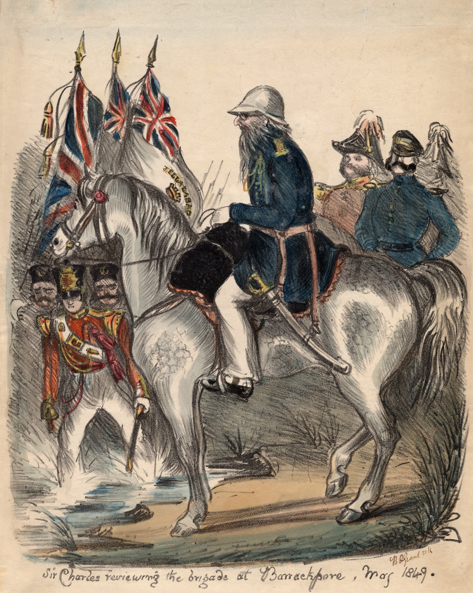 olor lithograph showing Sir Charles reviewing the brigade at Barrackpore, May 1849.