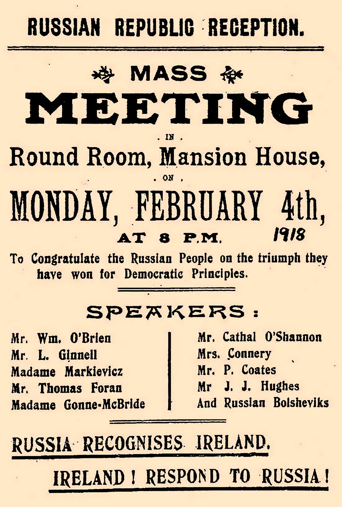 Advertisement for the Russian Republic Reception at Mansion House, with speakers including Constance Markievicz and ‘Russian Bolsheviks’, February 1918.