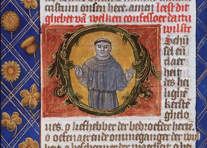 St. Francis of Assisi showing his stigmata in an illustrated manuscript, c. 1490.