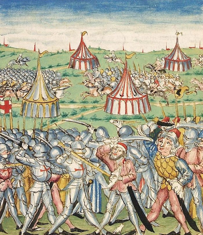 Knights wearing the cross of the Teutonic Order do battle in the medieval romance, Pontus and Sidonia, c.1475. Heidelberg University Library. Public Domain.