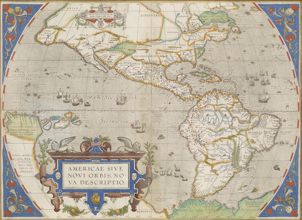 A hand-coloured Renaissance map of North and South America, by Abraham Ortelius c. 1587-1595.
