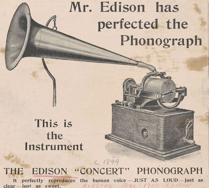 An advert for the ‘Concert Phonograph’, 1899. New York Public Library. Public Domain.
