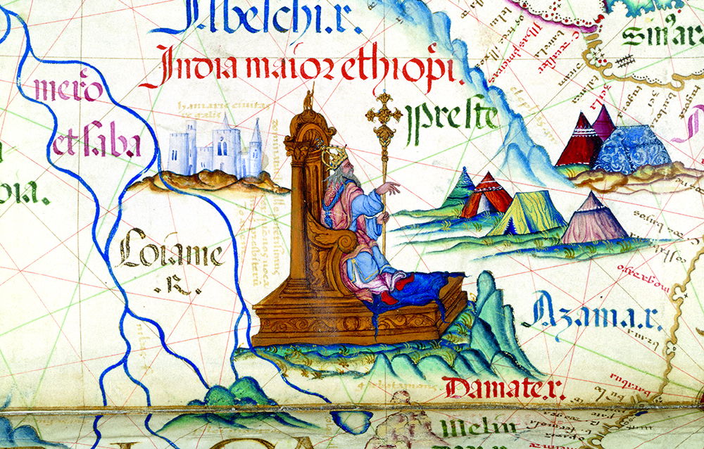 Prester John on his throne in Ethiopia, from a map of East Africa in the Queen Mary Atlas, by Diogo Homem, Portuguese, 1558.