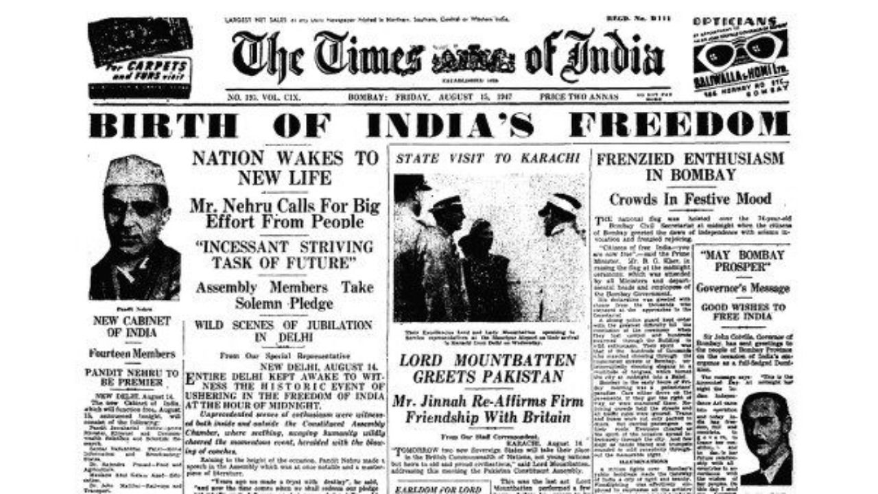 Front page of The Times of India on 15 August 1947, carrying news reports on the first Independence Day.