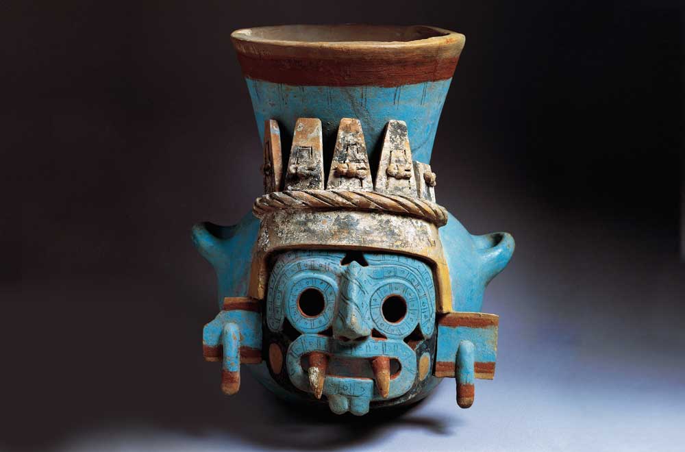 Ceramic Tlāloc  effigy vessel found  at the Templo Mayor, Tenochtitlan, Mexico, c.1440-70.