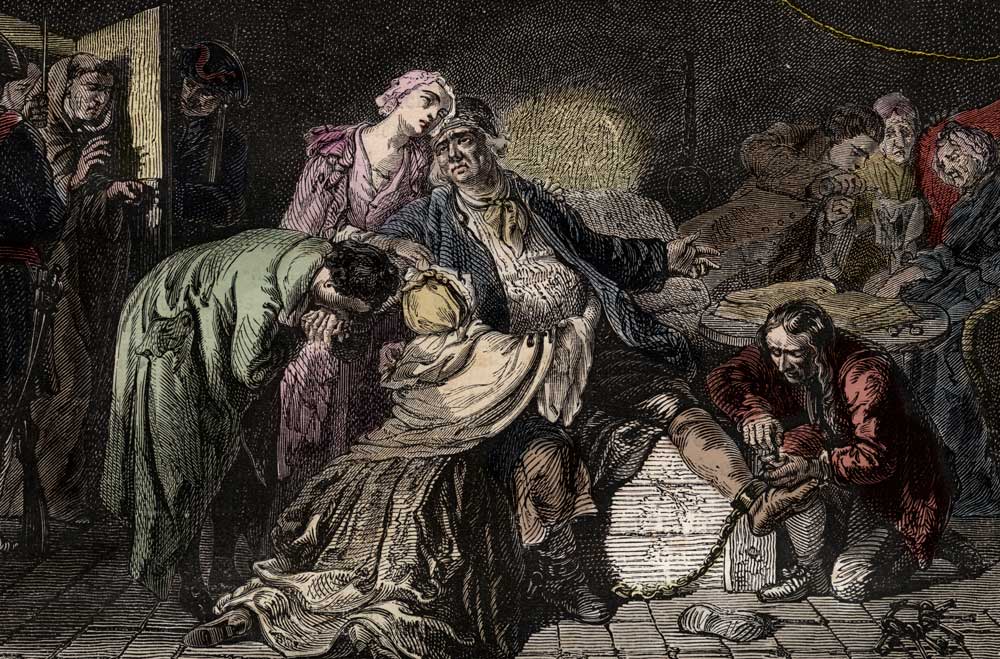 Jean Calas with his family ahead of his execution, French coloured engraving, 18th century.