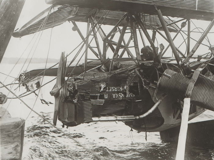A Swedish Red Cross ambulance plane after impacting the water during the Nobile expedition, 1928. Swedish National Museum of Science and Technology. Public Domain.