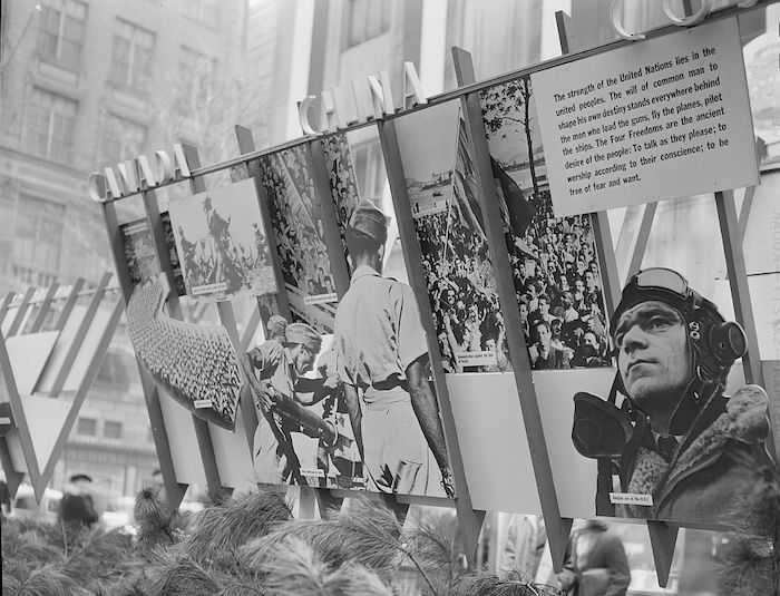 A United Nations exhibit of photographs of Rockefeller Plaza, New York, March 1942. Library of Congress. Public Domain.