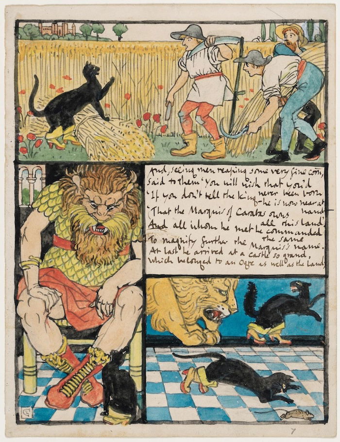 Puss Kills the Ogre, and Takes His Lands for His Master, Walter Crane, c.1873. Museum of Fine Art, Boston. Public Domain.