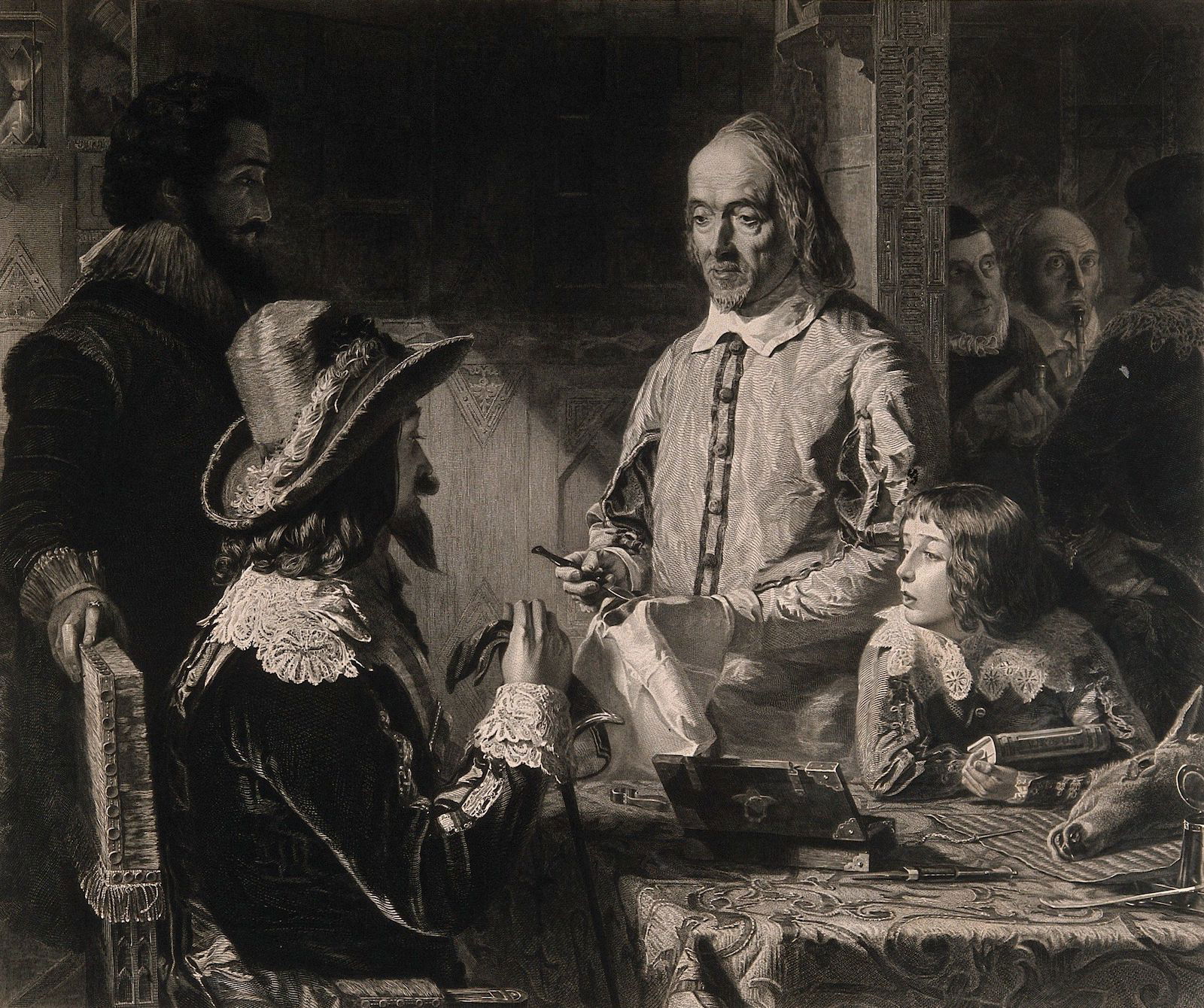 William Harvey demonstrating the palpitations of the foetal heart of a deer to Charles I. Engraving by H. Lemon, 1851, after an oil painting by R. Hannah, 1848. Wellcome Collection. Public Domain.