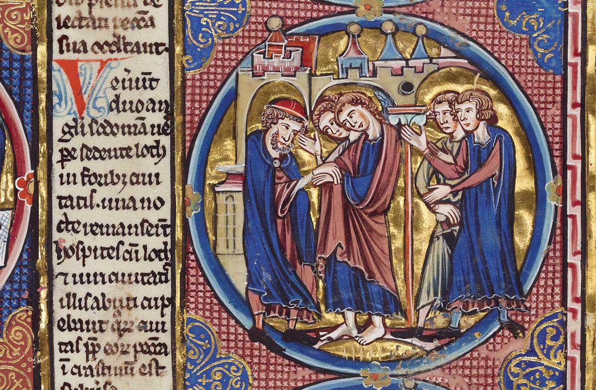 ‘The sin of Sodom’ with a male couple (left) and a female couple (right), led on by a devil, from a French Bible moralisée, 13th century. Bodleian Library, University of Oxford.