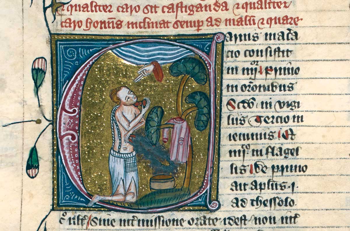 Italian cardinal Peter Damian’s self-flagellation as punishment for his sins, from Omne Bonum, England, c.1370 © British Library Board/Bridgeman Imagesa.