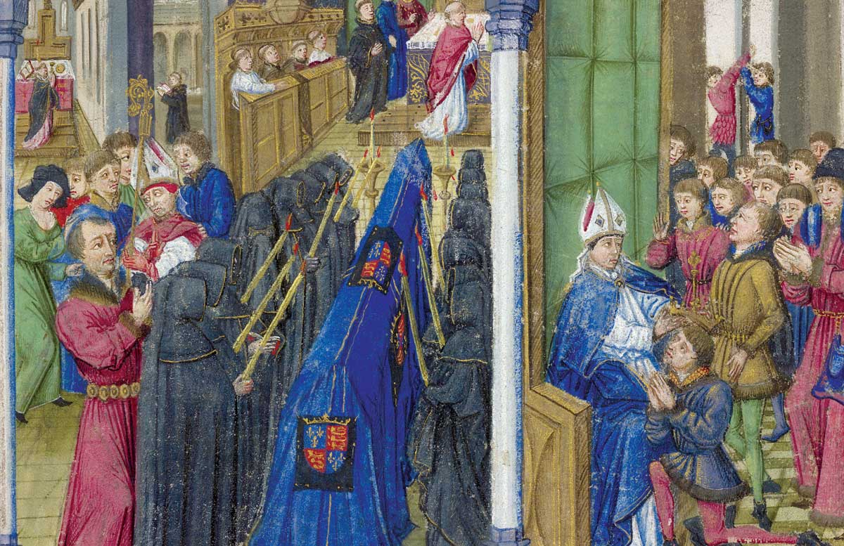 William II, ‘Rufus’, kneeling before Archbishop Lanfranc, from the Chronique de Normandie, French, 15th century © British Library Board/Bridgeman Images.