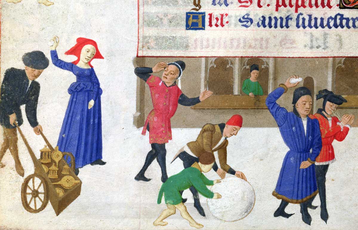 Snowball fights from the Hours  of the Duchess of Burgundy, c.1450.
