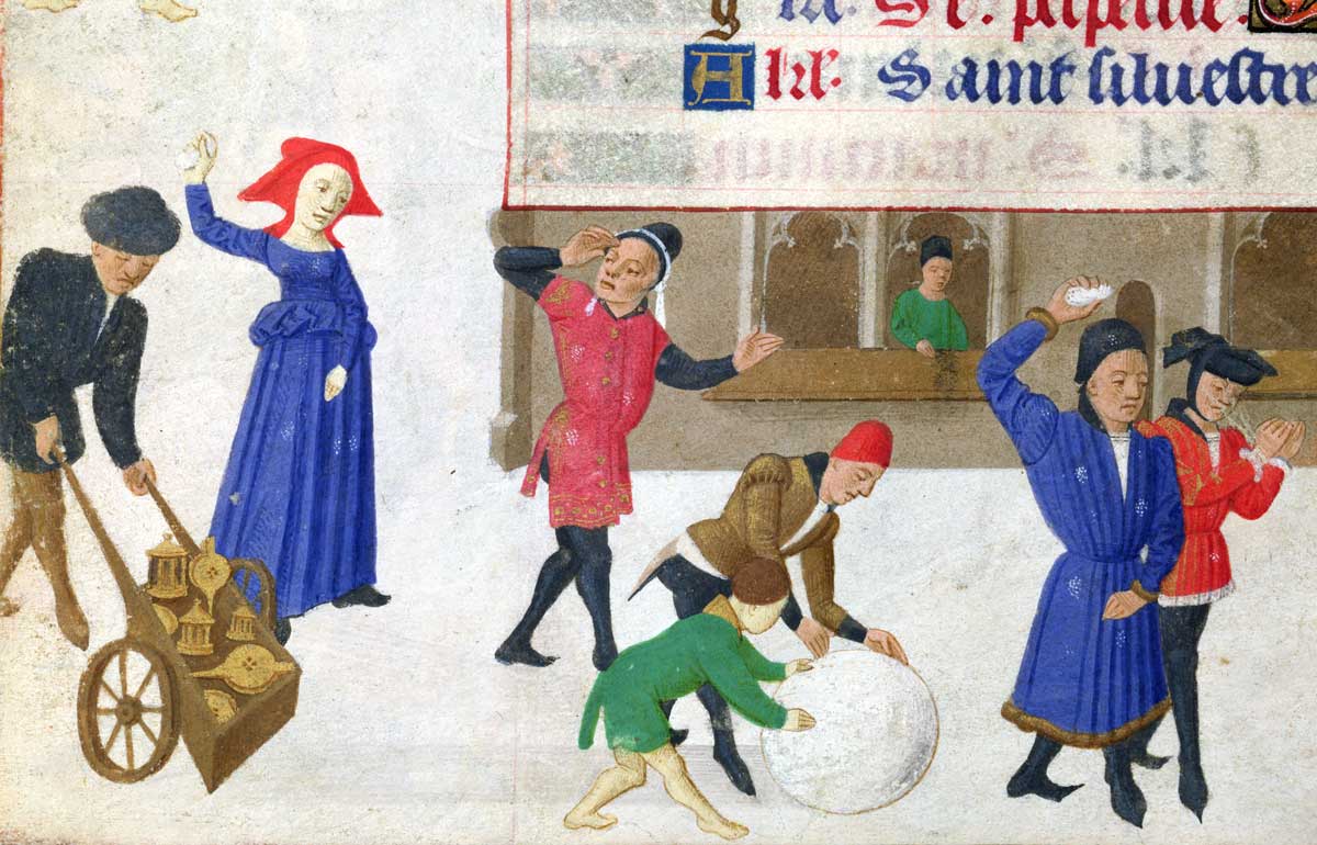 Snowball fights from the Hours of the Duchess of Burgundy, c.1450.