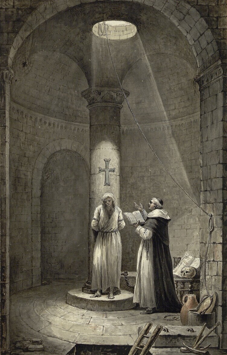 A prisoner of the Inquision in this imagined scene by Jean Louis Desprez, c. 1789. Albertina. Public Domain.