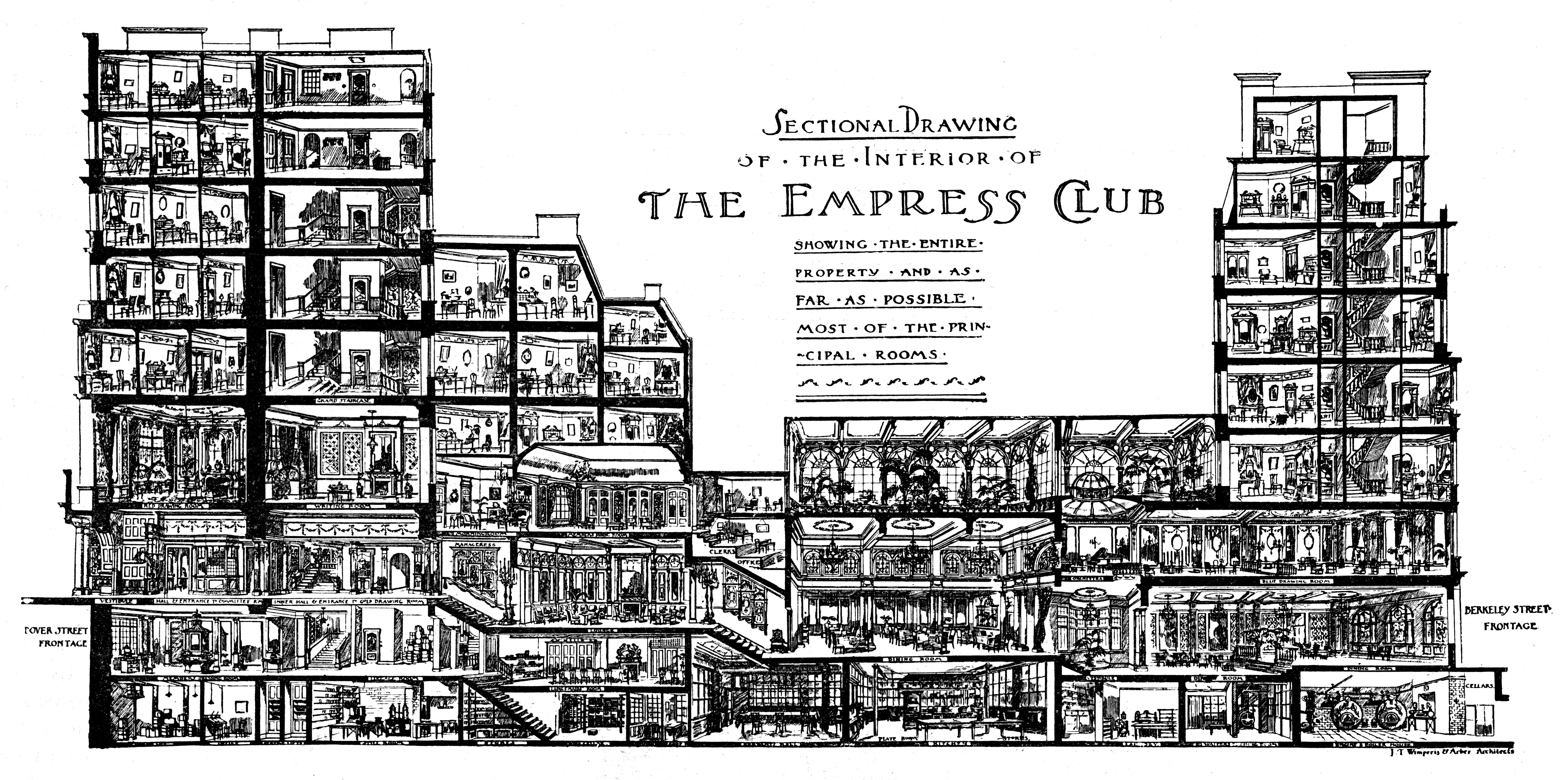 A sectional drawing of the Empress Club, London, from The Sketch, 1904. Mary Evans Picture Library.