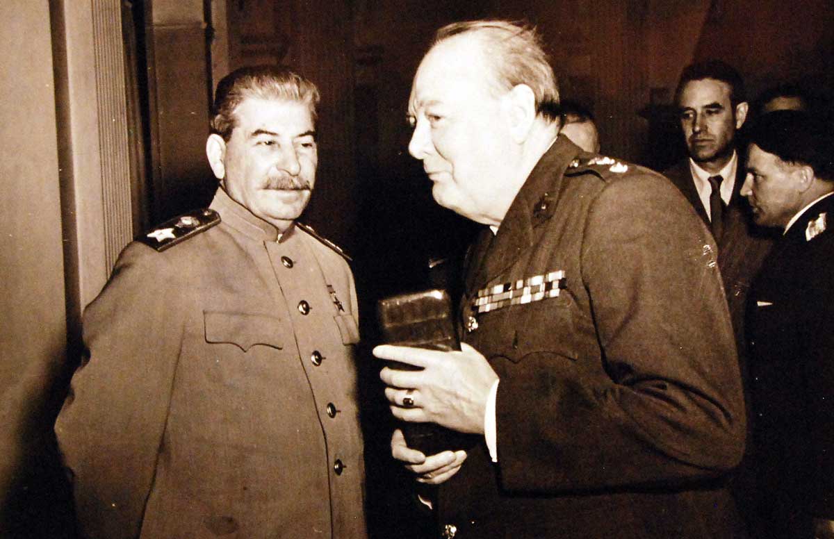 Yalta Conference (Crimea), February 4 to 11, 1945. Onboard warship during the Crimean Conferences at Yalta, Russia. Prime Minister Winston S. Churchill with Marshall Joseph Stalin. U.S. Navy Photograph, now in the collections of the National Archives. (2016/03/22).