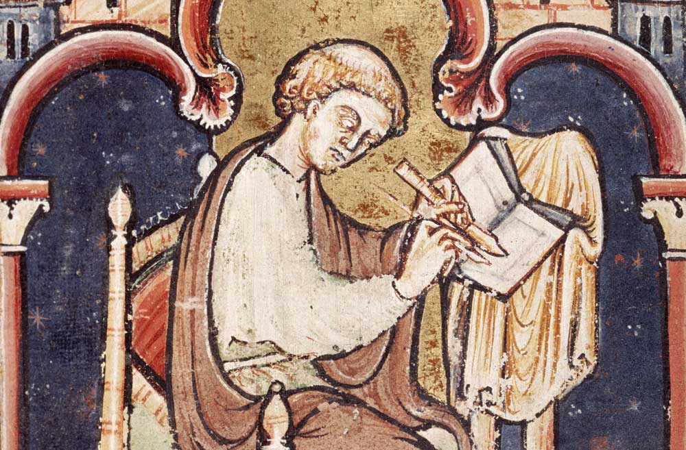 a scribe (probably Bede) writing, from Life and Miracles of Saint Cuthbert by Bede, 12th century.