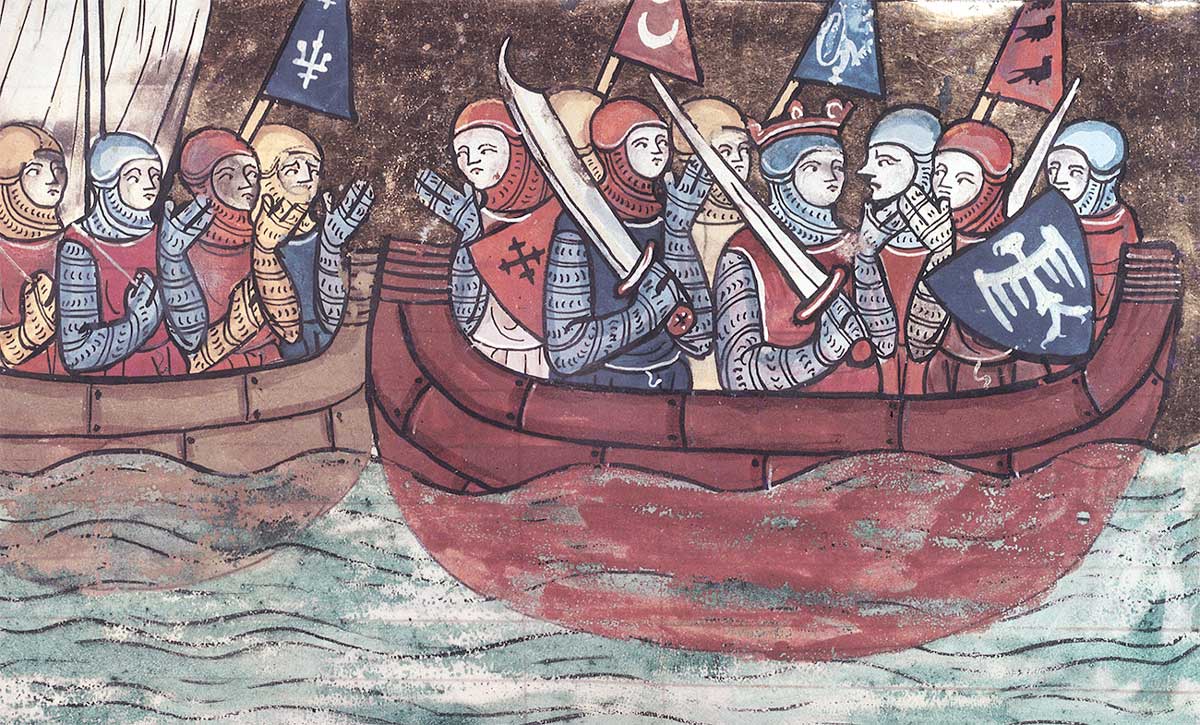 Crusaders embark for the Levant. From ‘Le Roman de Godefroi de Bouillon’, France, 1337. (Bibliothèque Nationale / Bridgeman Images)